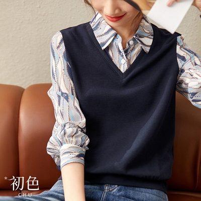【絕版品出清】初色 撞色襯衫領抽象印花拼接長袖上衣-藍色-64259(M-2XL可選)