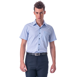 金安德森 藍色條紋黑釦窄版短袖襯衫fast