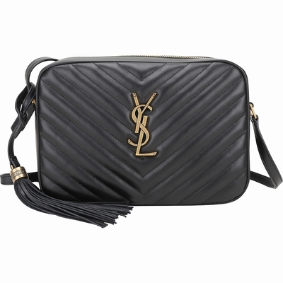 YSL Saint Laurent LOU 金字絎縫小牛皮流蘇斜背相機包(黑色)