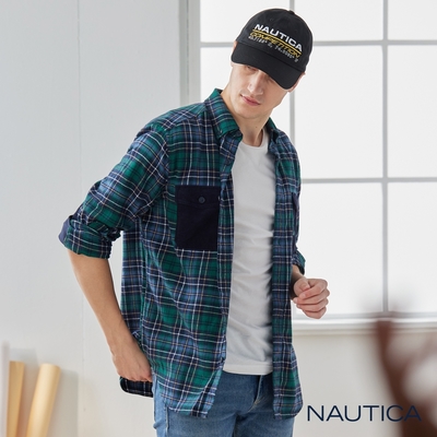 Nautica 男裝 撞色拼接格紋長袖襯衫-綠