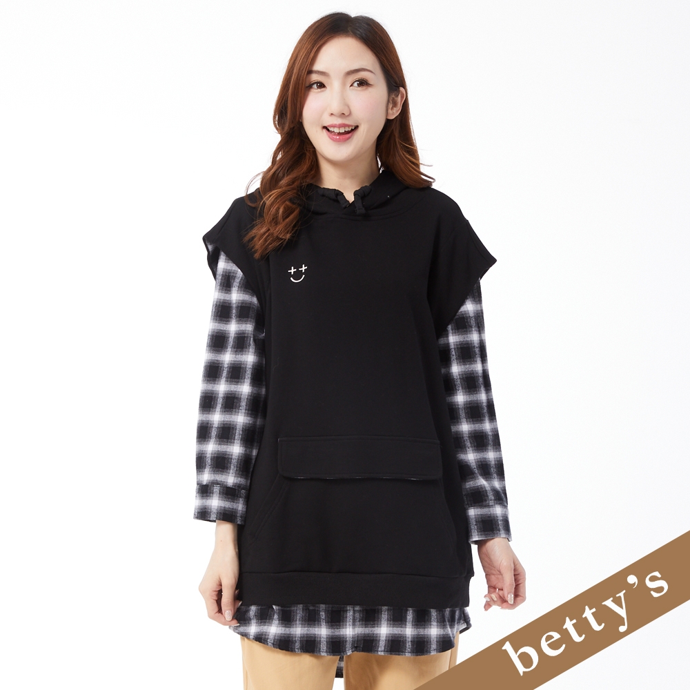 betty’s貝蒂思　假兩件格子長版連帽T-shirt(黑色) (黑色)