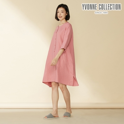 YVONNE 以旺傢飾 雙層紗開襟七分袖洋裝-活力粉