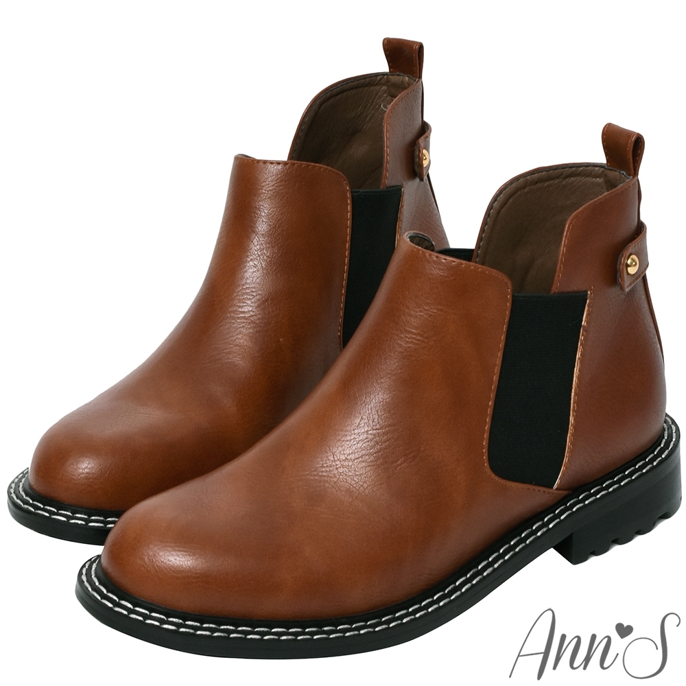 Ann’S時尚街拍-前低顯瘦鬆緊切爾西平底短靴-棕