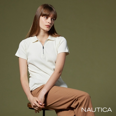 NAUTICA女裝 直坑條紋短袖針織POLO衫-白