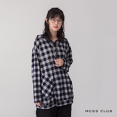 MOSS CLUB 連身帽經典格紋上衣-上衣(黑色)