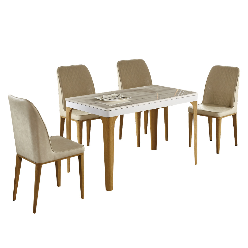 文創集 歌斯威4尺石面餐桌椅組合(餐桌＋菱格紋皮革餐椅四張)-120x70x75cm免組