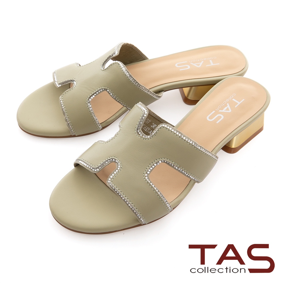 TAS鏤空剪裁拼接水鑽粗跟涼拖鞋-薄荷綠