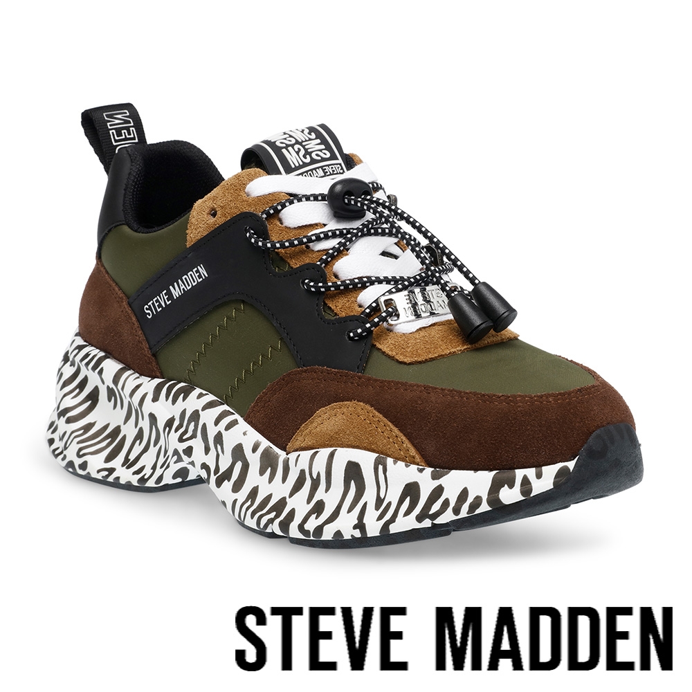 STEVE MADDEN-SUPREMO 拼接豹紋鞋底綁帶休閒鞋-墨綠色