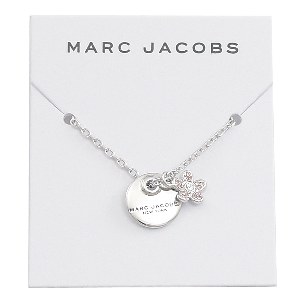 MARC JACOBS 圓小花吊飾LOGO圓牌垂墜項鍊(銀)