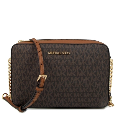 MICHAEL KORS Jet Set Item 金字Logo滿版MK雙色金鏈斜背方包(咖啡色)