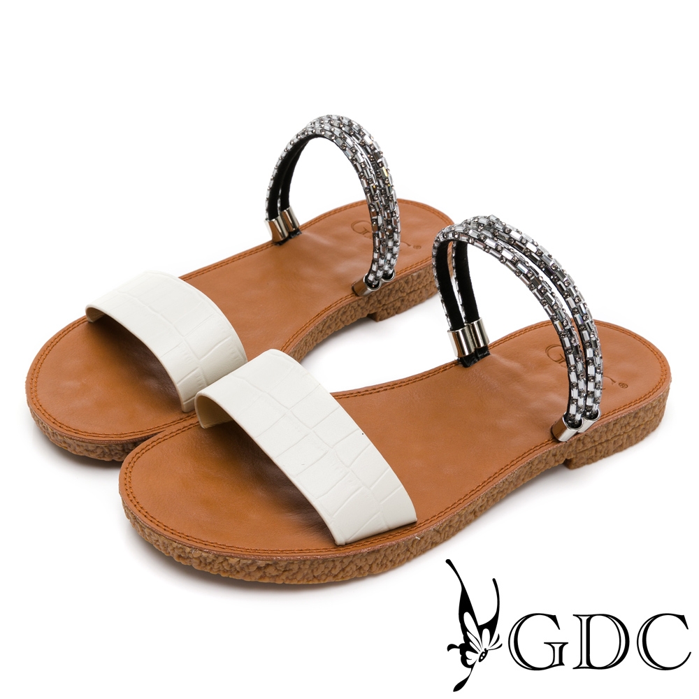 GDC-氣質水鑽石紋設計兩穿式軟Q平底拖鞋-米色