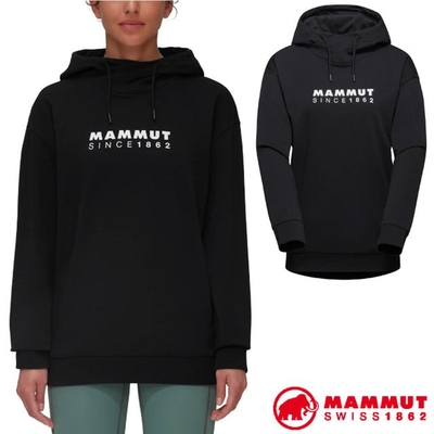 【MAMMUT 長毛象】女 Logo 輕量有機棉透氣保暖連帽長袖T恤.上衣_1014-04401-0001 黑