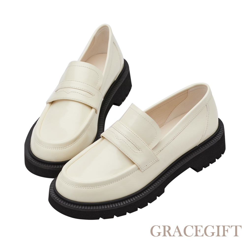 【Grace Gift】圓頭厚底便仕樂福鞋 米漆