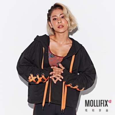 Mollifix 瑪莉菲絲 街頭率性袖抽繩連帽外套 (黑) 暢貨出清、保暖、防風、羽絨外套