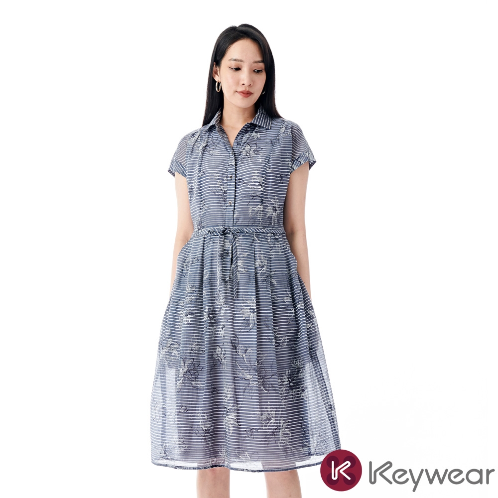 KeyWear奇威名品    名媛氣質絲棉印花條紋洋裝-深藍色