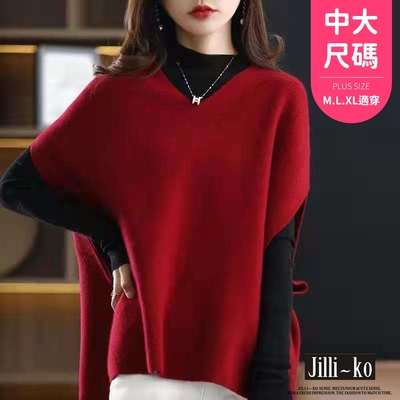 JILLI-KO 純色簡約氣質軟糯寬鬆V領針織蝙蝠袖上衣中大碼- 紅/深綠