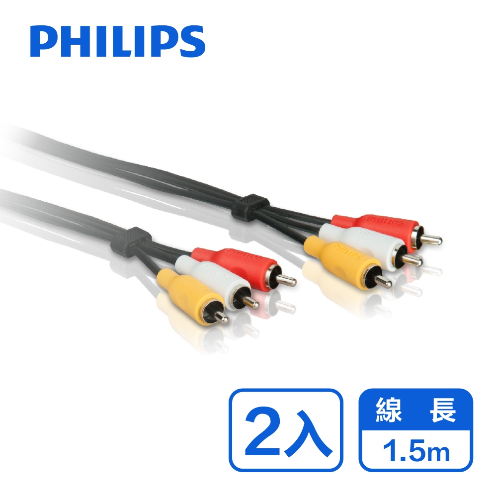 【Philips 飛利浦】二入組_1.5m 2RCA立體音源線(紅白黃) SWV2532W/10