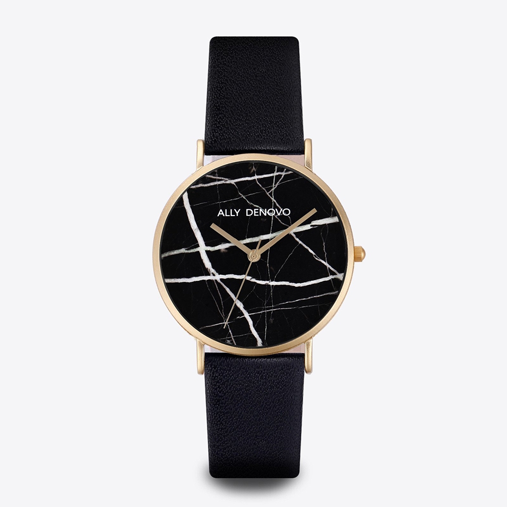 ALLY DENOVO Carrara Marble-黑大理石黑色真皮錶帶(AF5005.5)