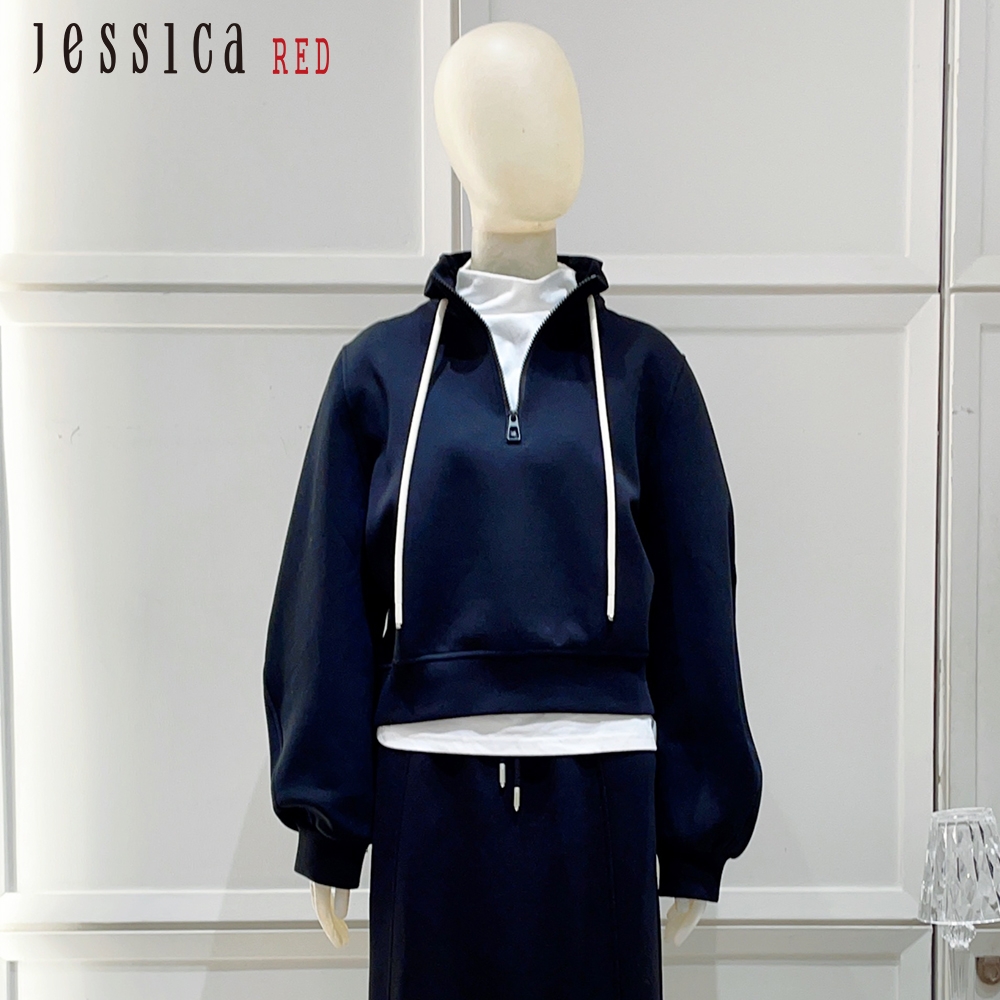 JESSICA RED - 休閒百搭拉鏈抽繩套頭棉T R35601（黑）