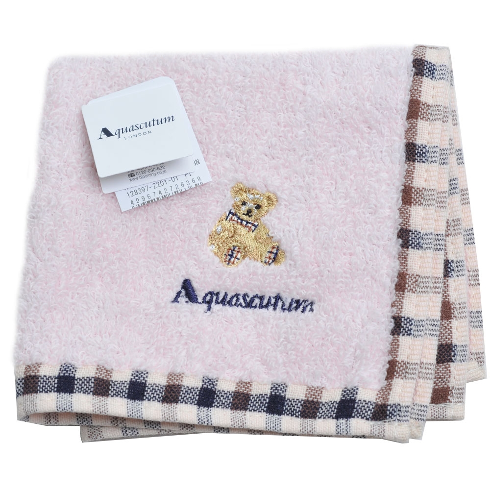 Aquascutum 經典品牌格紋小熊圖騰字母LOGO刺繡小方巾(粉紅)