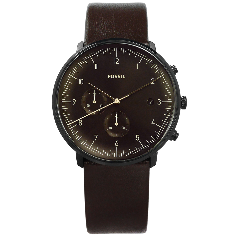 FOSSIL 都會魅力計時日期日本機芯真皮手錶-深褐色/42mm