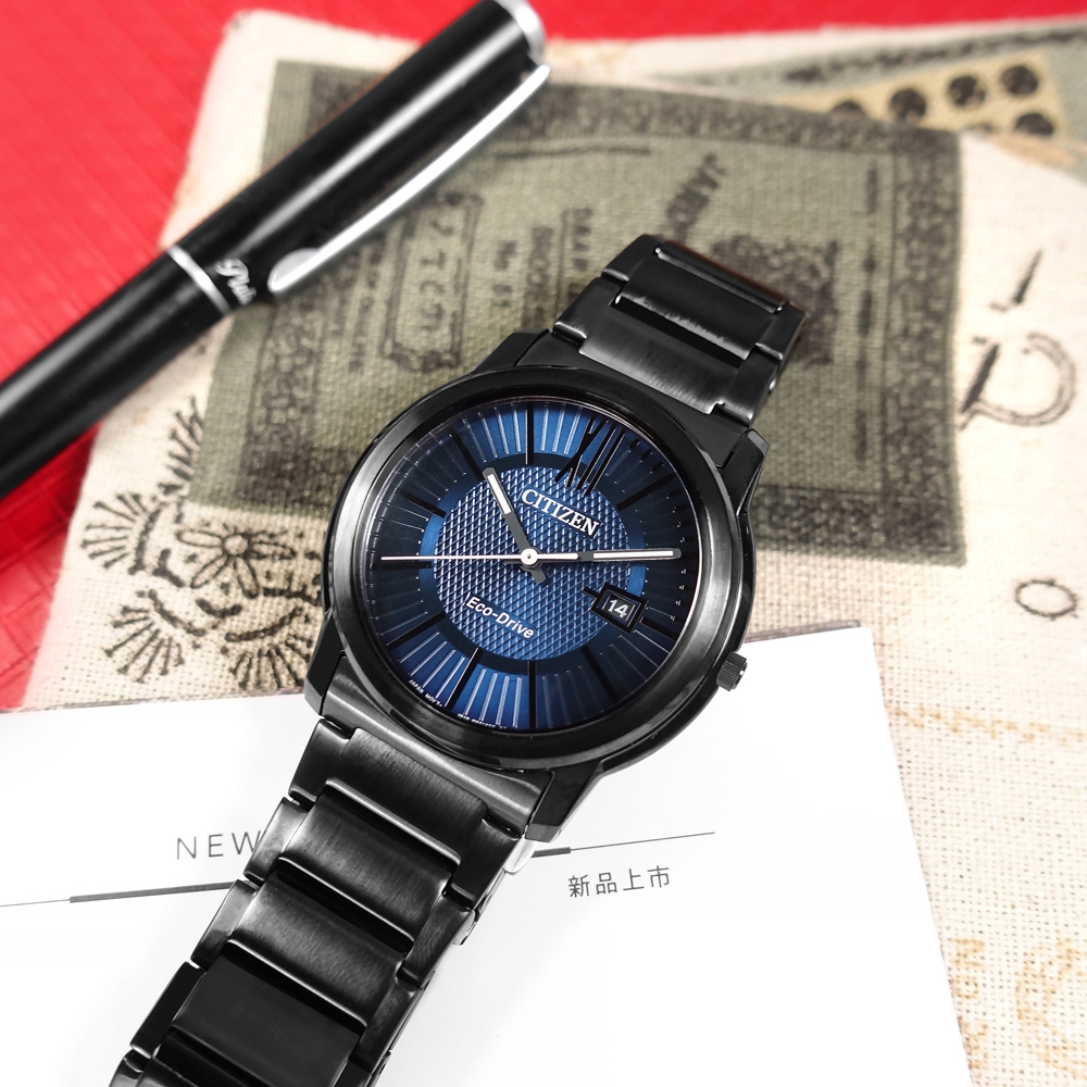 CITIZEN 光動能 都會時尚 礦石強化玻璃 日期 不鏽鋼手錶-藍x鍍黑/42mm