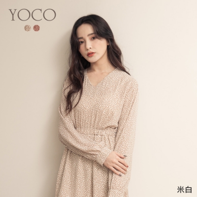 東京著衣-YOCO 法式復古V領碎花縮腰雪紡洋裝(共二色)