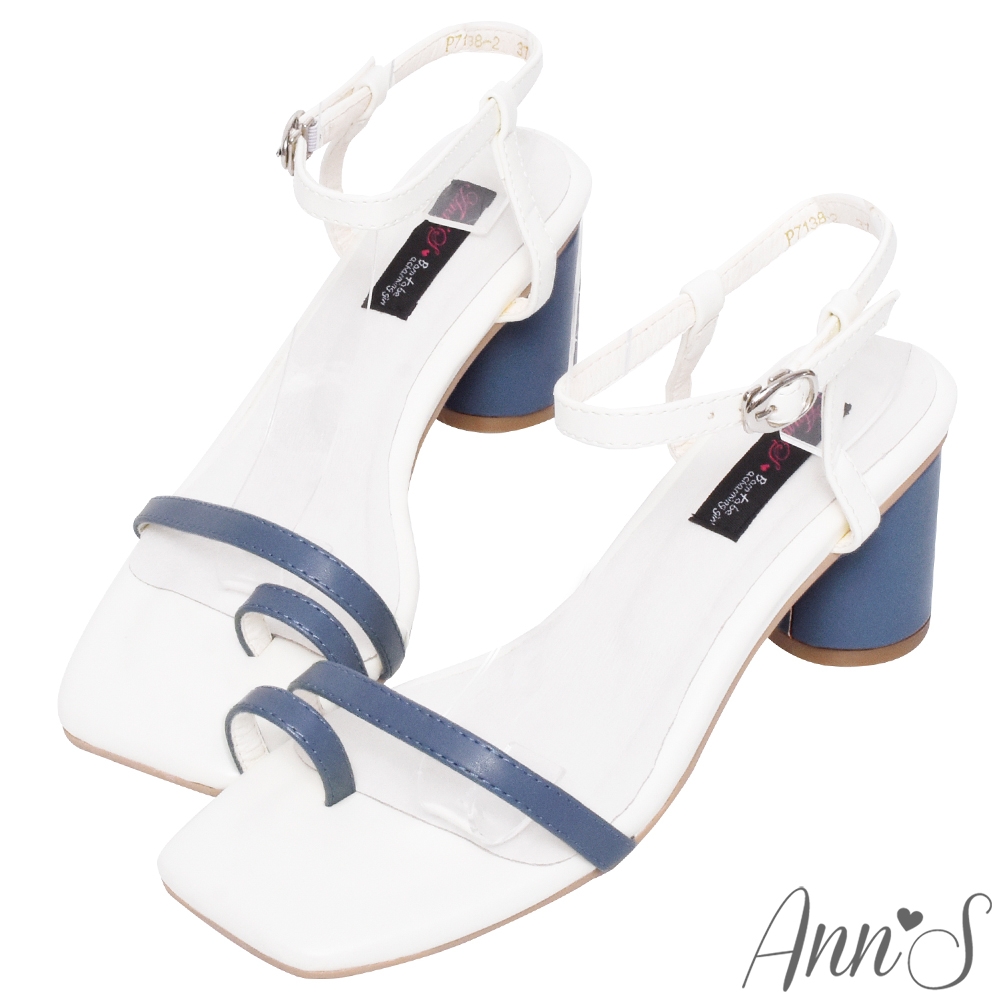 Ann’S微時髦-撞色套指方頭粗跟涼鞋-藍白