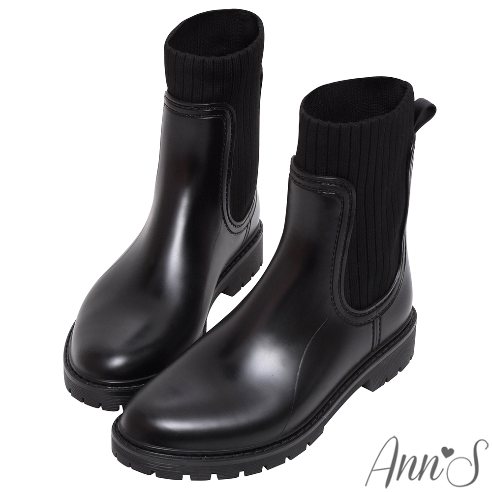 Ann’S直腿版型!柔軟毛線中筒防水雨靴3cm-黑(版型偏大)
