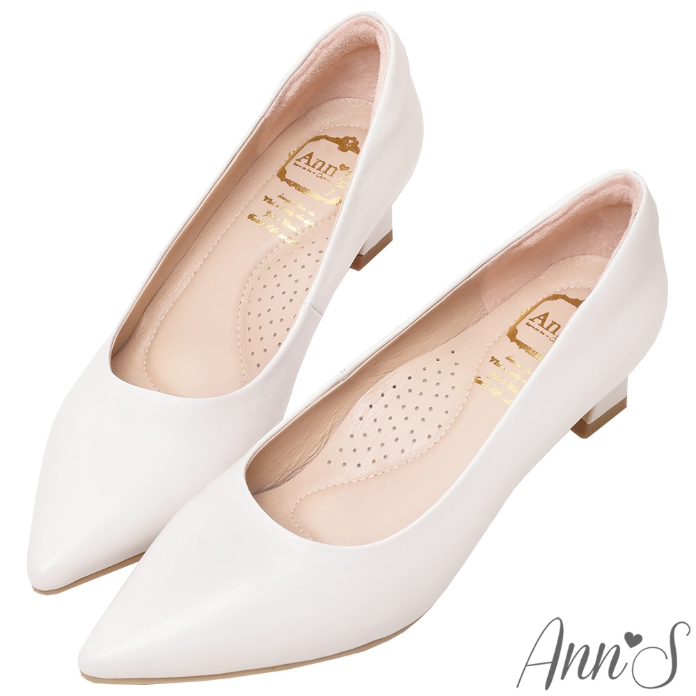 Ann’S平衡負擔-頂級綿羊皮性感尖頭粗跟包鞋-白(版型偏大)