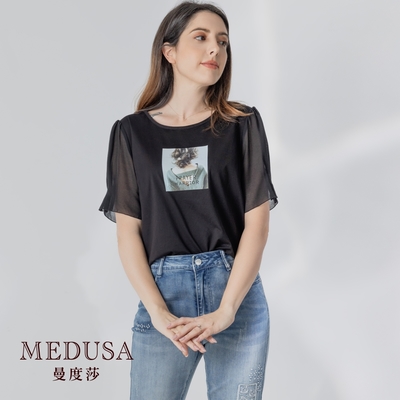 現貨【MEDUSA 曼度莎】雪紡拼接 下襬燙字上衣（M-XL）｜女上衣 短袖上衣 短版上衣