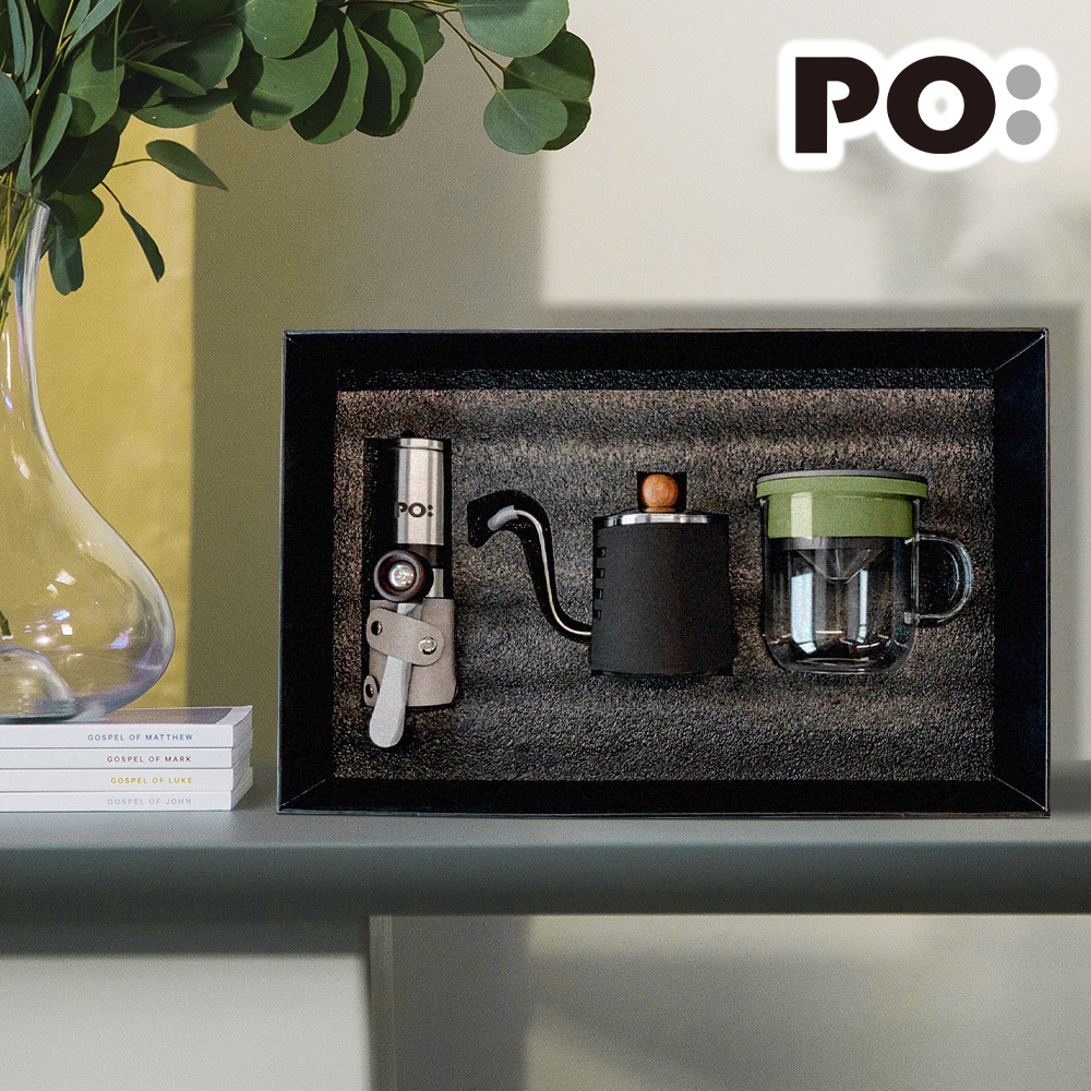 【PO:Selected】丹麥手沖咖啡三件禮盒組2.0(咖啡壺-黑/玻璃杯350ml-黑綠/咖啡磨2.0)