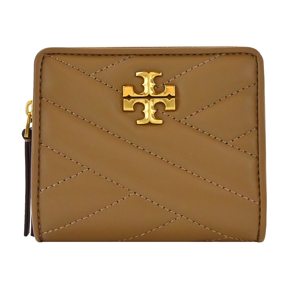 TORY BURCH KIRA  縫線斜紋羊皮拉鍊零錢短夾-棕