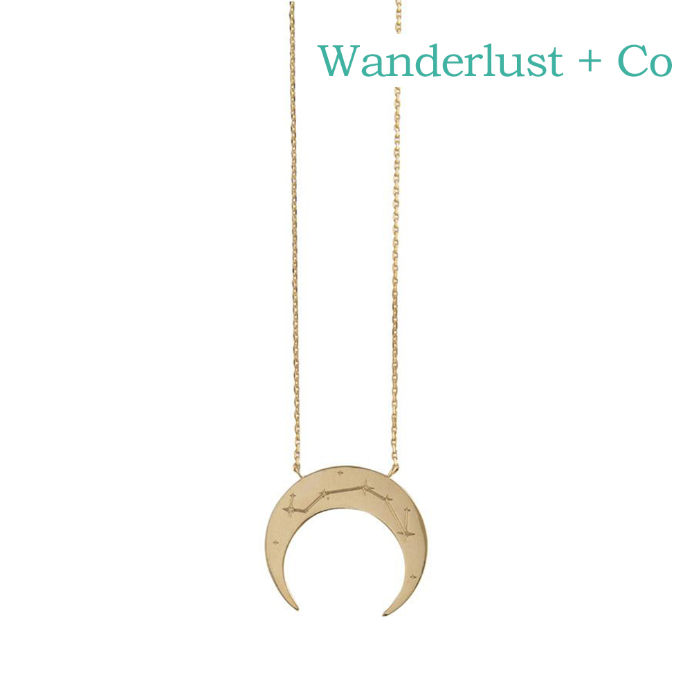 Wanderlust+Co 澳洲時尚品牌 雙魚座鑲鑽新月項鍊 金色