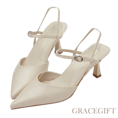 【Grace Gift】薛妞妞聯名-率性優雅繞踝皮革尖頭跟鞋 灰杏