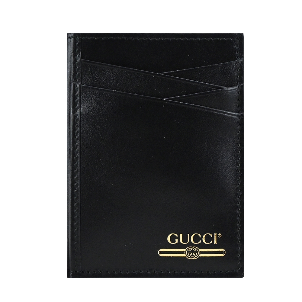 GUCCI 經典燙金LOGO復古標誌牛皮卡片夾(黑色)