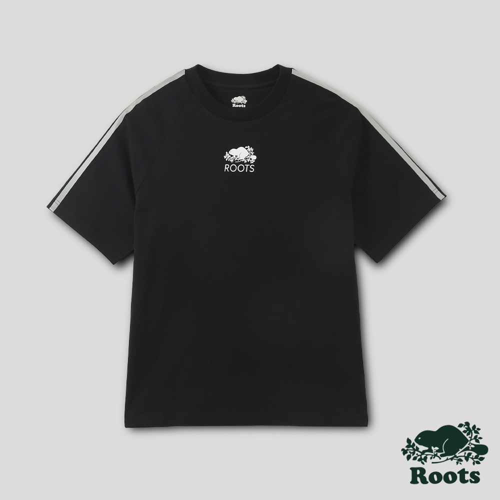 Roots男女共款-宇宙探索系列 反光肩線有機棉短袖T恤-黑色