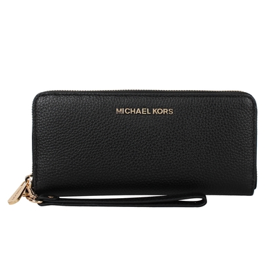 MICHAEL KORS 金字logo 荔枝紋皮革拉鍊長夾(素面黑)