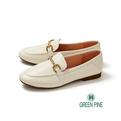 GREEN PINE簡約鎖鏈真皮平底靜音樂福鞋米色(00311510)
