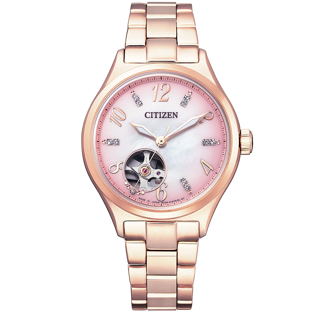 CITIZEN星辰 LADYS 開芯白蝶貝晶鑽機械女錶-34mm(PC1005-87X)