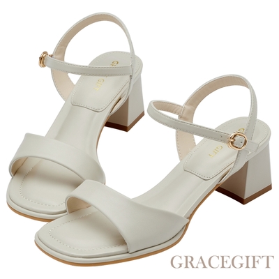 【Grace Gift】不規則一字澎澎鞋墊繫踝中跟涼鞋 灰