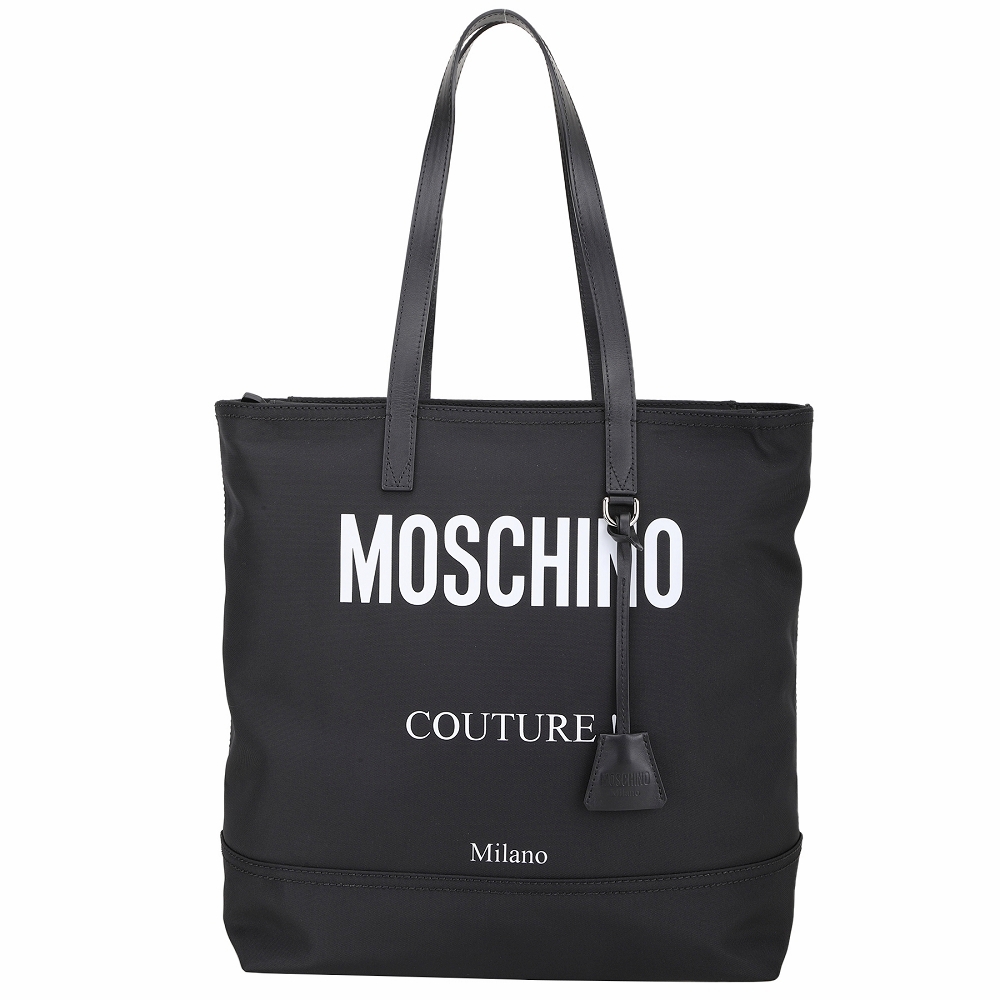 MOSCHINO Culture 字母印花附吊飾帆布肩背托特包(黑色)