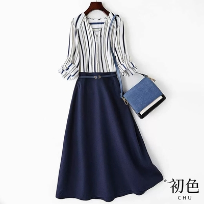 初色 條紋拼接假兩件V領七分袖折袖A字收腰中長裙連身裙洋裝-藍色-30086(M-2XL可選)