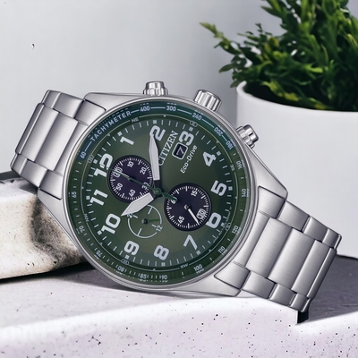 CITIZEN 星辰 光動能 三眼計時 腕錶 男錶 手錶 綠色-CA0770-72X