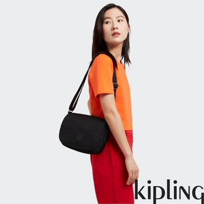 Kipling 經典黑菱格紋印花掀蓋多袋肩背包-LOREEN M