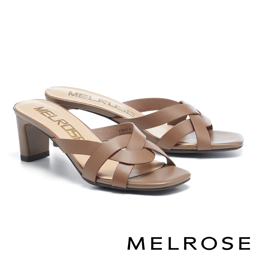 拖鞋 MELROSE 簡約時髦麻花寬帶方頭高跟拖鞋－棕 product image 1