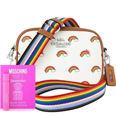 COACH 象牙白色JAMIE彩虹圖樣PVC斜背相機包+MOSCHINO 品牌經典隨身小香水