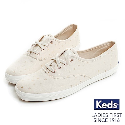 Keds CHAMPION 燙金圖騰綁帶休閒鞋-奶油白