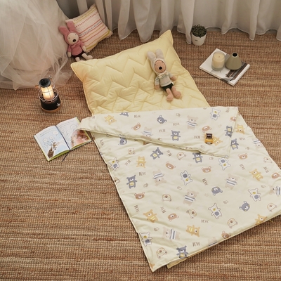 BUHO 便攜式天然純棉透氣雙層紗兒童睡墊四季被三件組-台灣製A/B版設計(娃熊樂園)