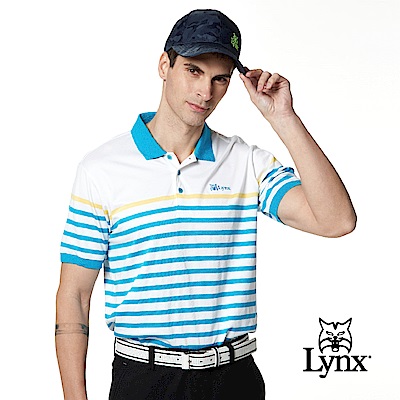 【Lynx Golf】男款吸濕排汗合身版配色條紋山貓繡花短袖POLO衫-淺藍色